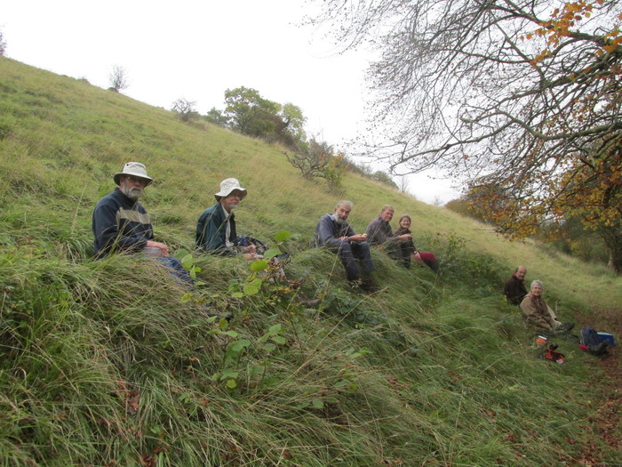 <p><b>Scrub-bashers at lunch</b> A lot of conservation work happens in the winter when unwanted trees, bushes and brambles are removed to ensure the grassland is maintained in a fit state. It's surprising how much can be achieved even with a small group like this. Watch the events page of the website for opportunities to join in. <b>©</b> Peter Hugo